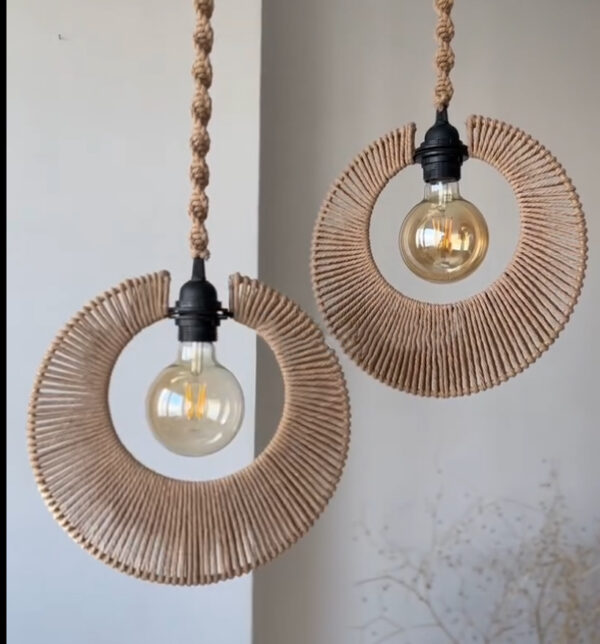 Crescent Ring Cotton Rope Pendant Lamp – Handwoven Hanging Light