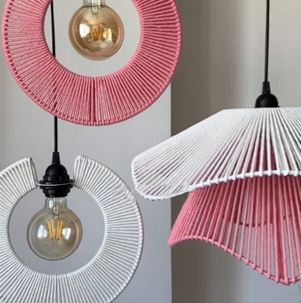 Handwoven Cotton Pendant Lamp Set – Pink & White