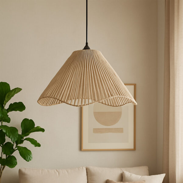 Handwoven Beige Cotton Pendant Lamp – Wave Dome