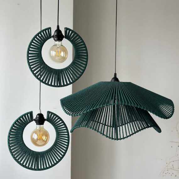 Handwoven Cotton Pendant Lamp Set – Deep Green Trio