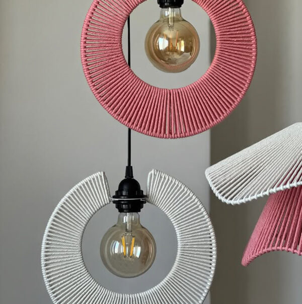Handwoven Cotton Pendant Lamp Set – Pink & White