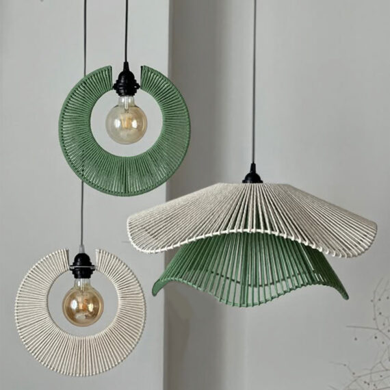 Handwoven Cotton Pendant Lamp Set – Green & Beige Trio