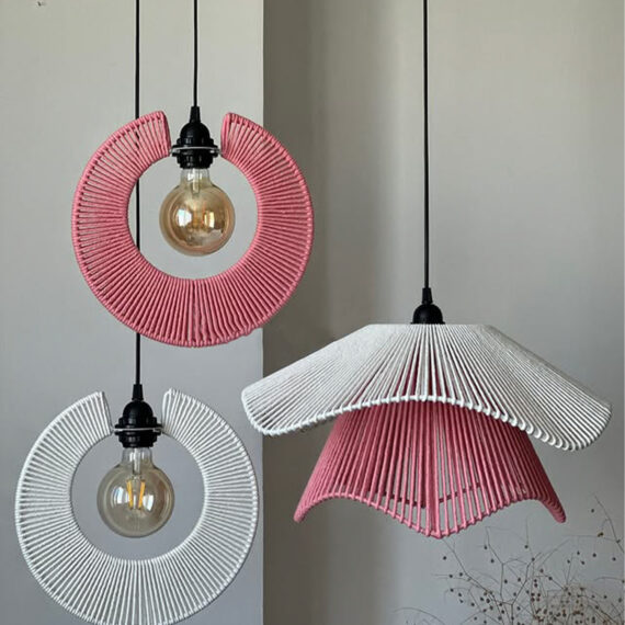 Handwoven Cotton Pendant Lamp Set – Pink & White