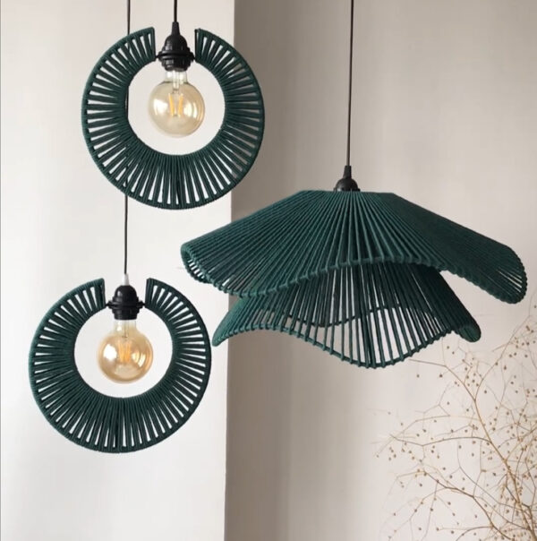 Handwoven Cotton Pendant Lamp Set – Deep Green Trio