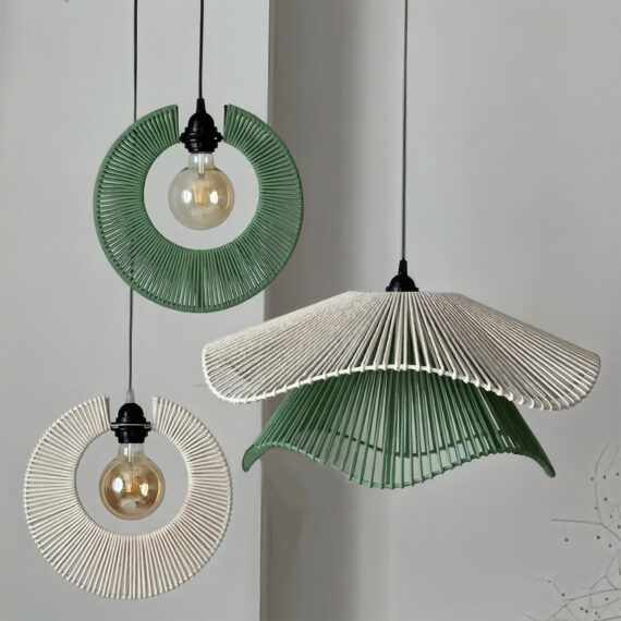 Handwoven Cotton Pendant Lamp Set – Green & Beige Trio
