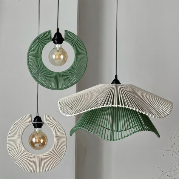 Handwoven Cotton Pendant Lamp Set – Green & Beige Trio