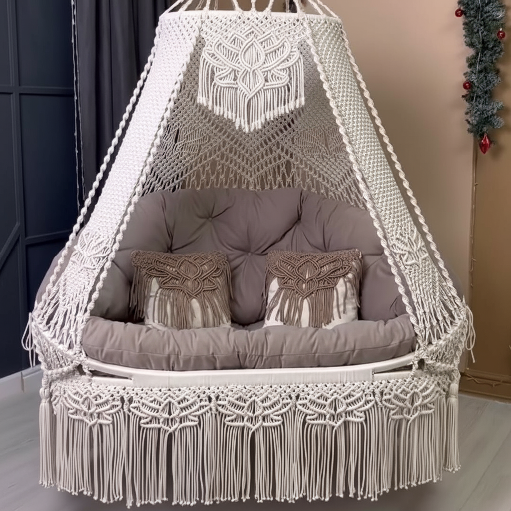 Macrame Swing Bed with Floral Pattern Mattress by Kaahira โ Off White