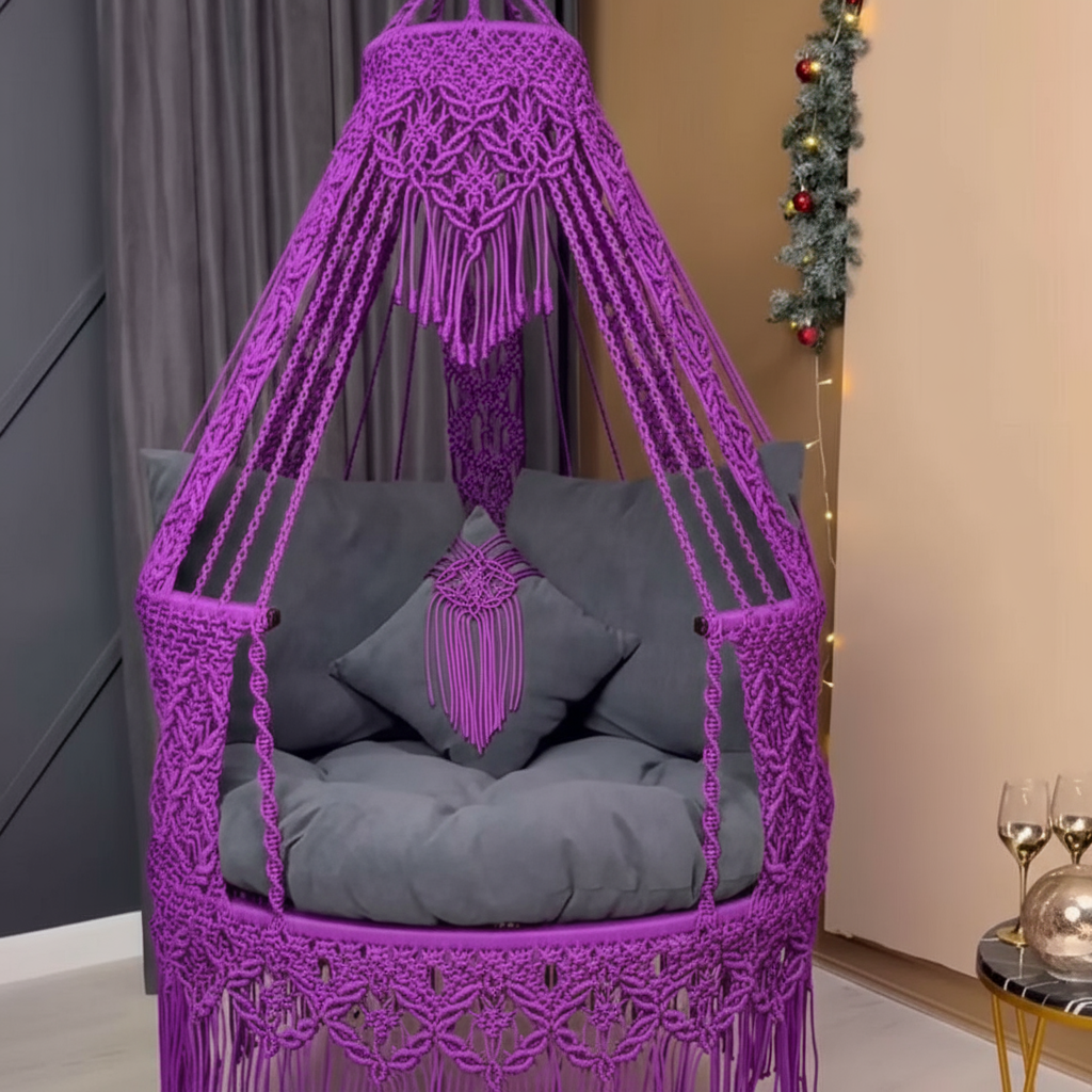 Handcrafted Macrame Canopy Swing Chair โ Royal Purple