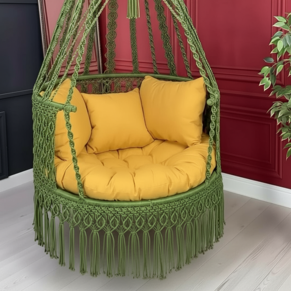 Macrame Swing Jhula for Home & Balcony by Kaahira – Olive Green with Mustard Cushions
