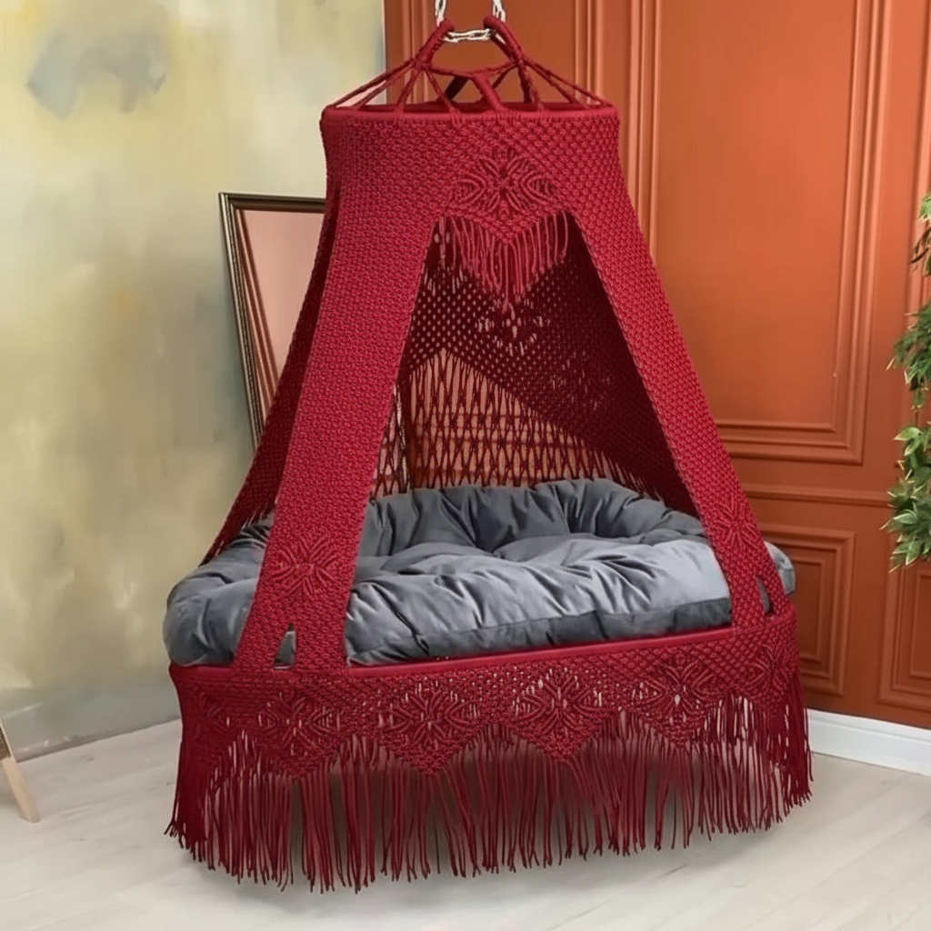 Macrame Swing Bed with Diamond Wave Pattern Mattress by Kaahira โ Maroon