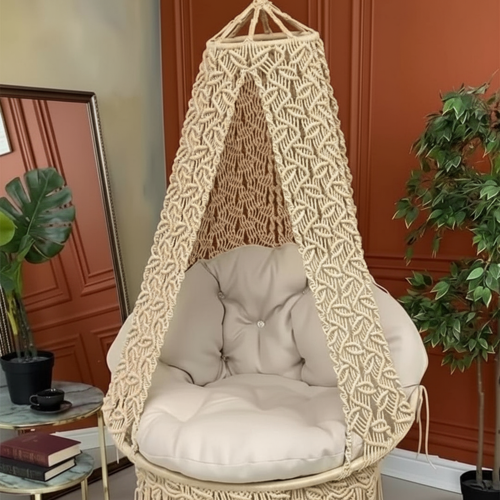 Macrame Canopy Swing Chair with Diamond Wave Pattern by Kaahira – Beige