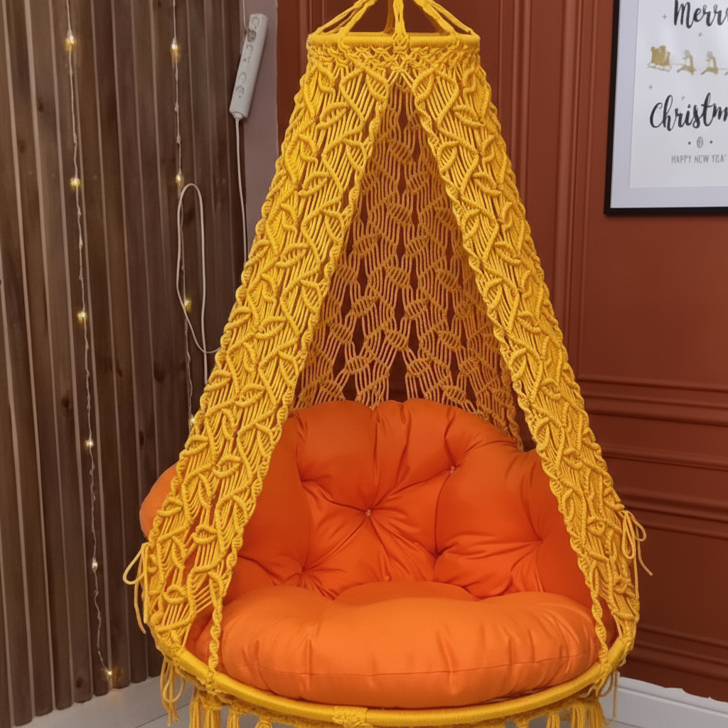 Macrame Canopy Swing Chair with Diamond Wave Pattern by Kaahira – Mustard Yellow