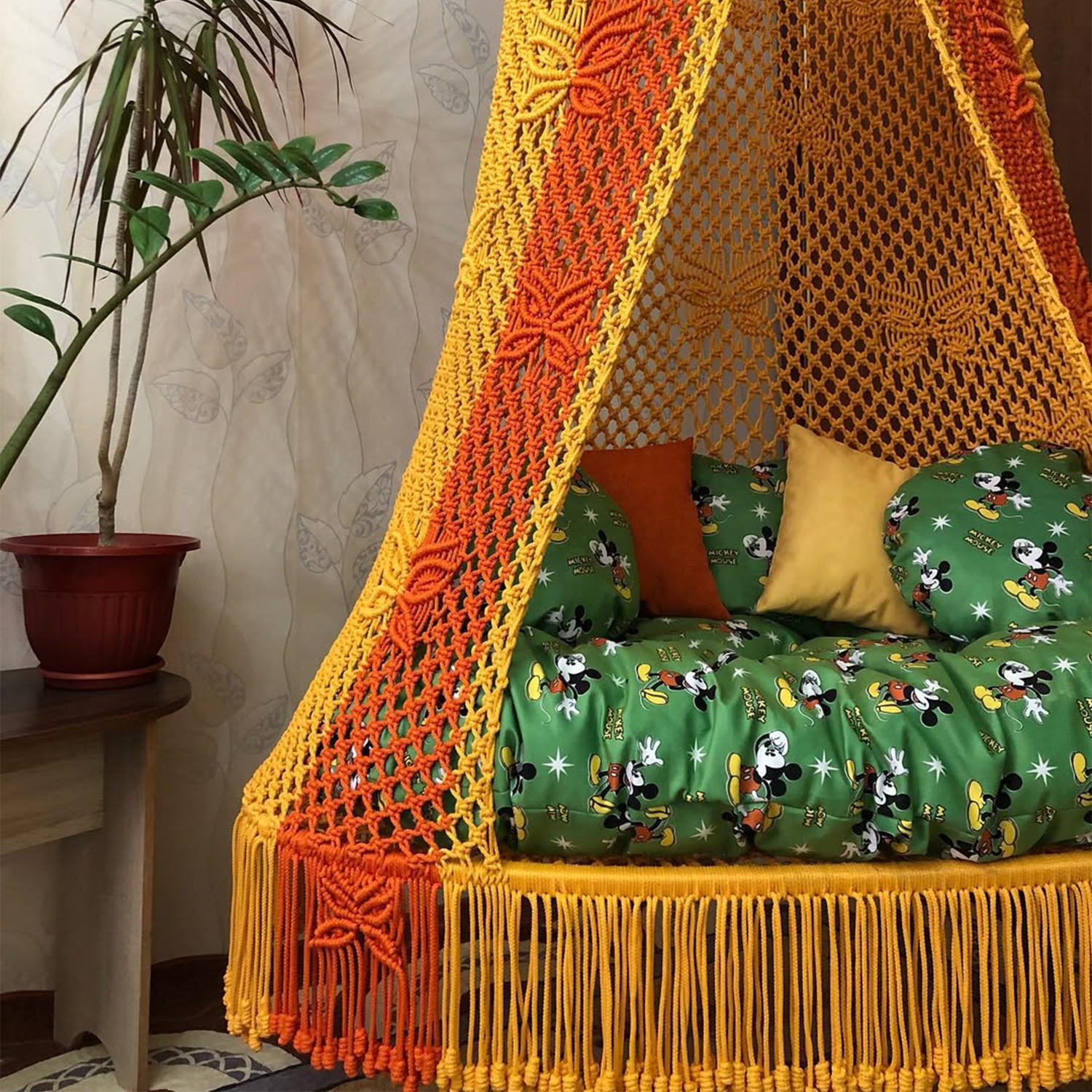 Macrame Swing Bed with Butterfly Pattern by Kaahira – Orange & Yellow