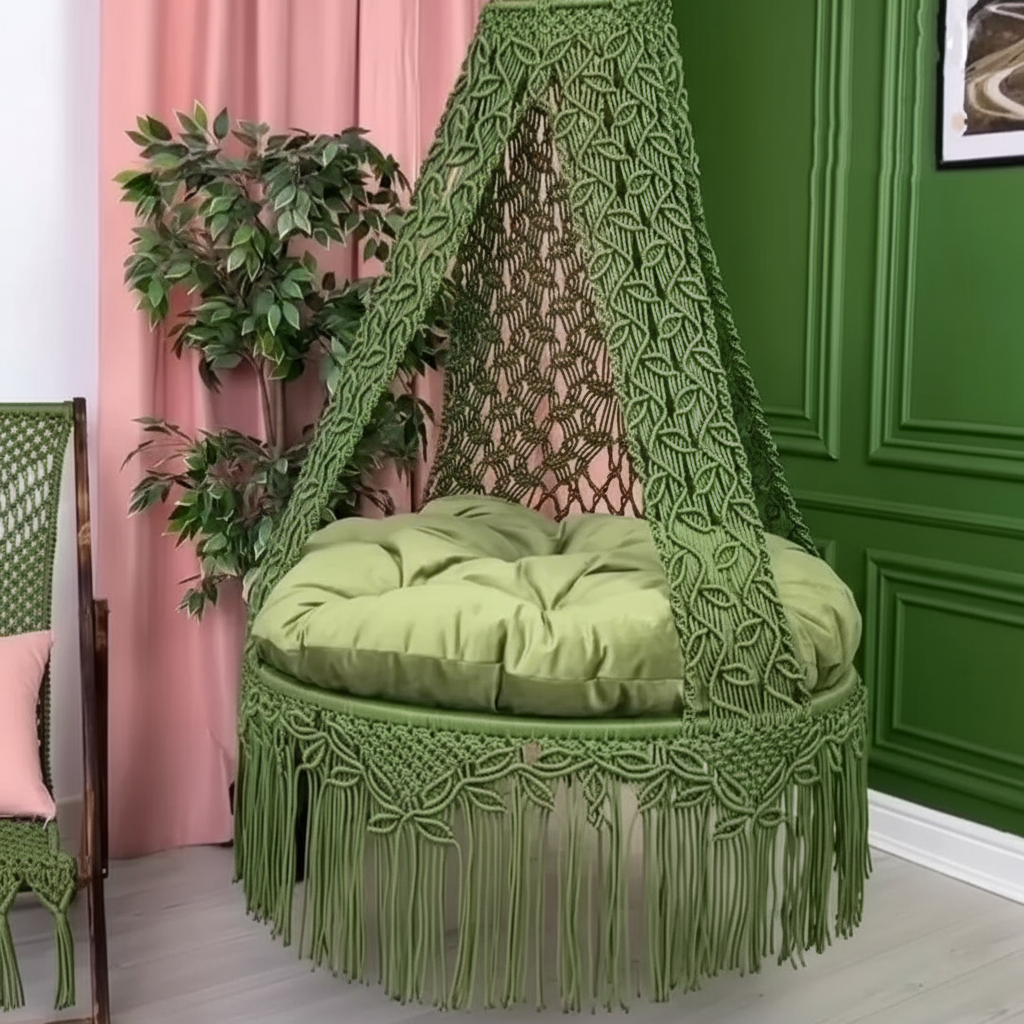 Macrame Swing Bed with Floral Pattern Mattress by Kaahira โ Olive Green