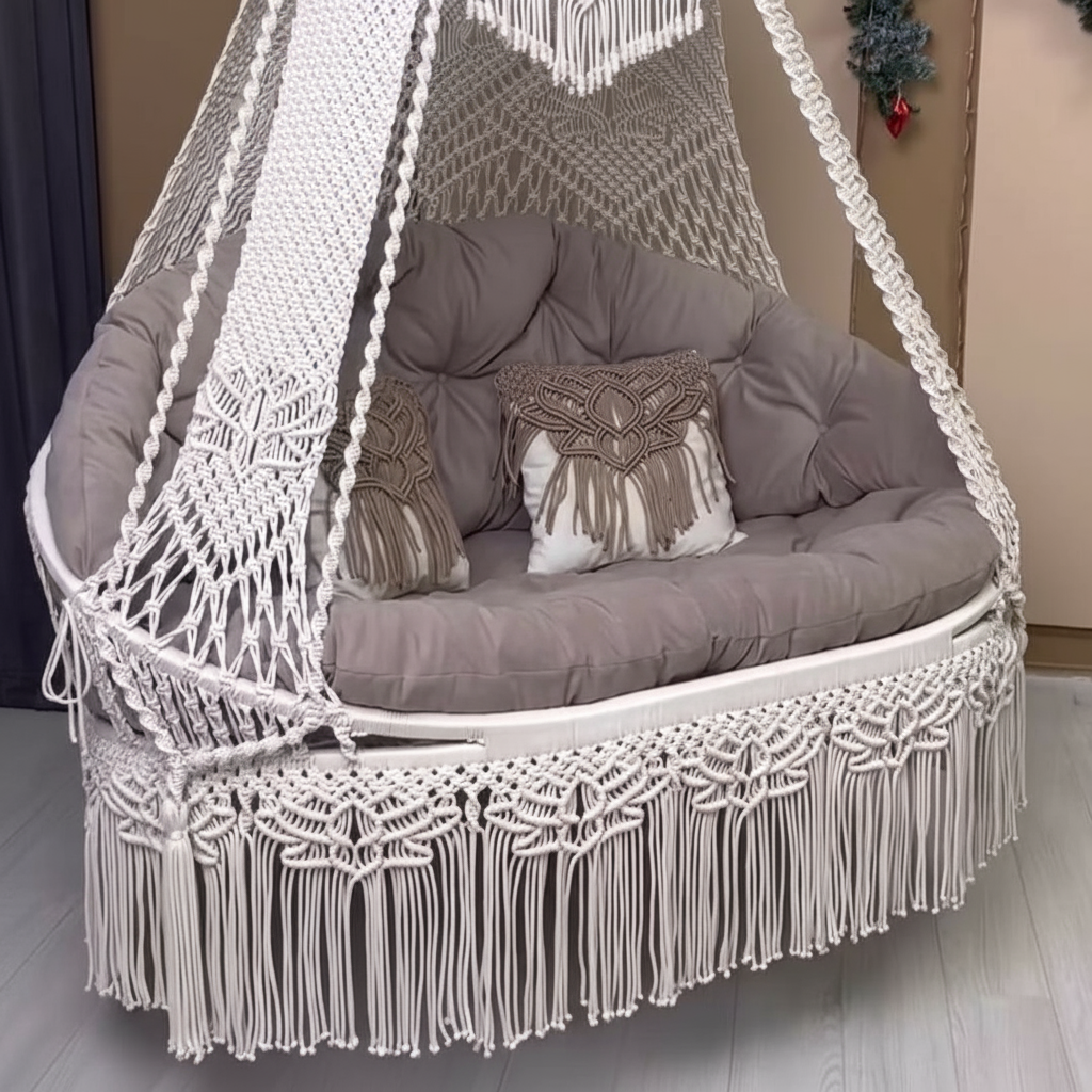 Macrame Swing Bed with Floral Pattern Mattress by Kaahira โ Off White