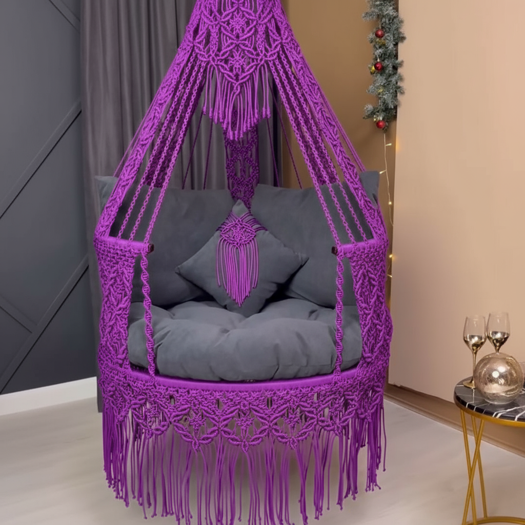 Handcrafted Macrame Canopy Swing Chair โ Royal Purple