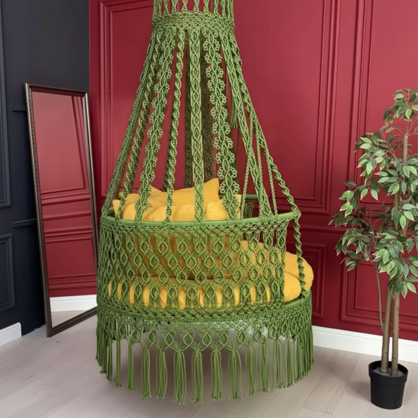 Macrame Swing Jhula for Home & Balcony by Kaahira – Olive Green with Mustard Cushions
