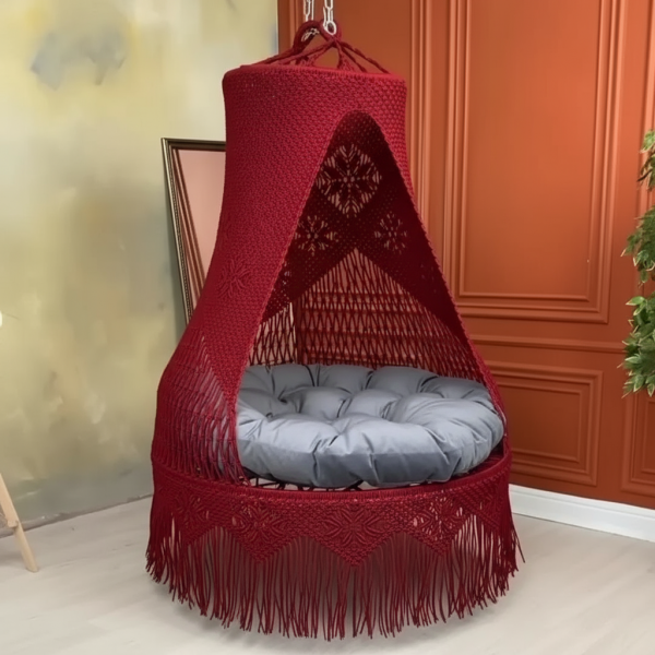Macrame Swing Bed with Diamond Wave Pattern Mattress by Kaahira – Maroon