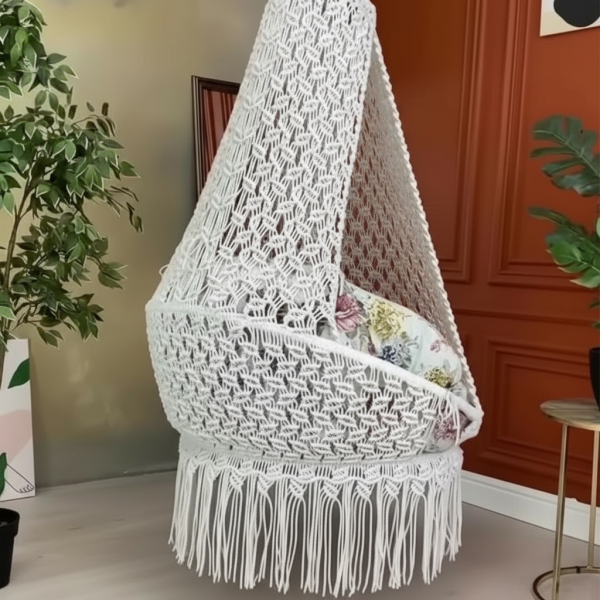 Macrame Canopy Swing Chair with Floral Cushion by Kaahira – Off-White