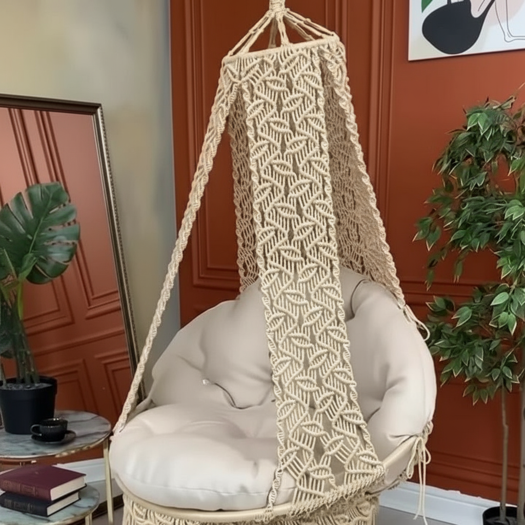 Macrame Canopy Swing Chair with Diamond Wave Pattern by Kaahira – Beige