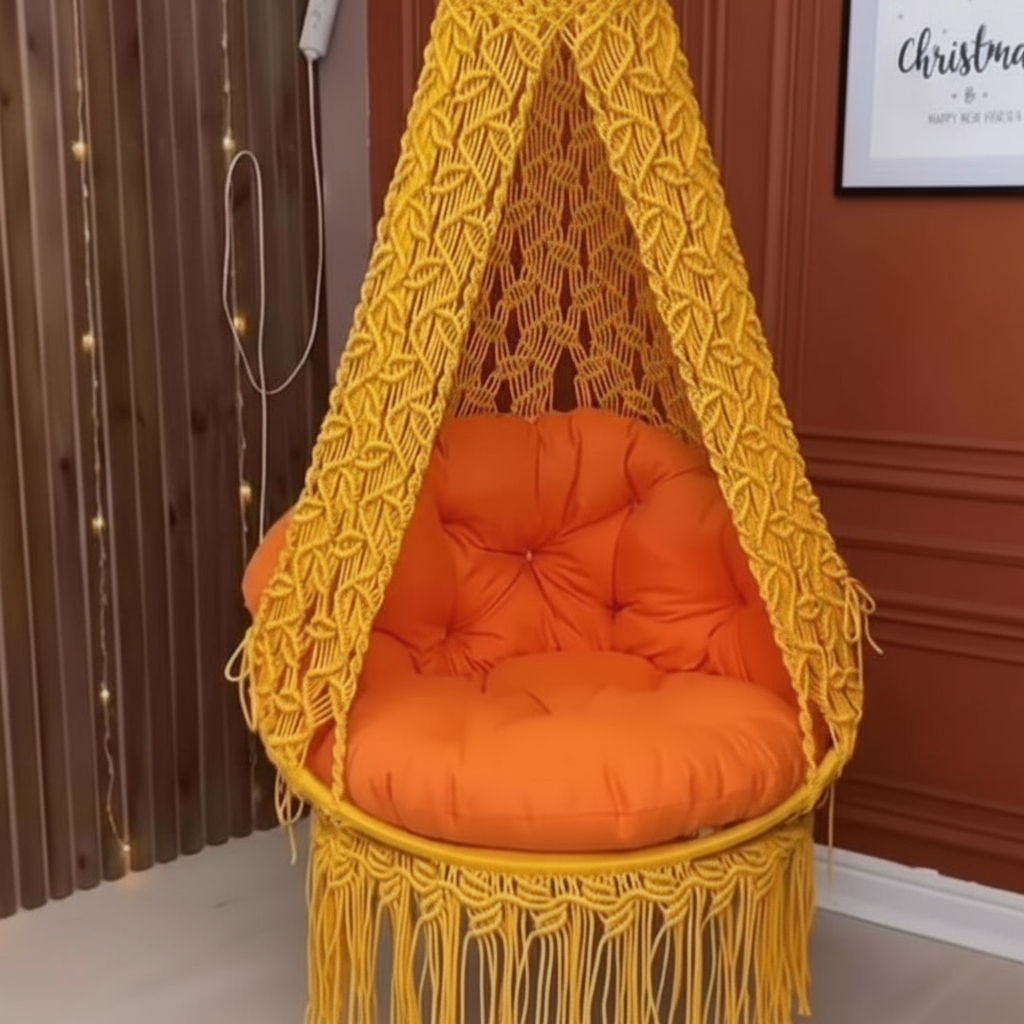 Macrame Canopy Swing Chair with Diamond Wave Pattern by Kaahira – Mustard Yellow