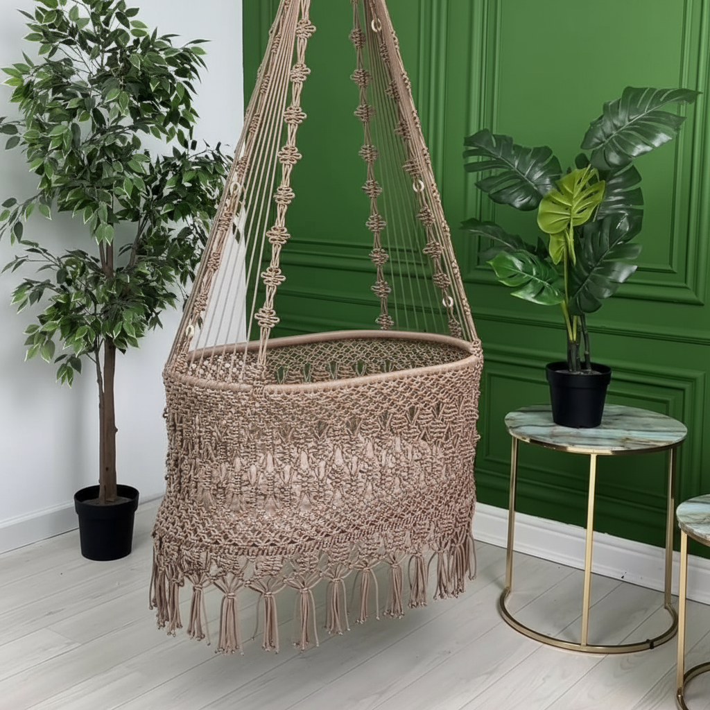 Handwoven Macrame Baby Cradle Swing by Kaahira – Natural Beige
