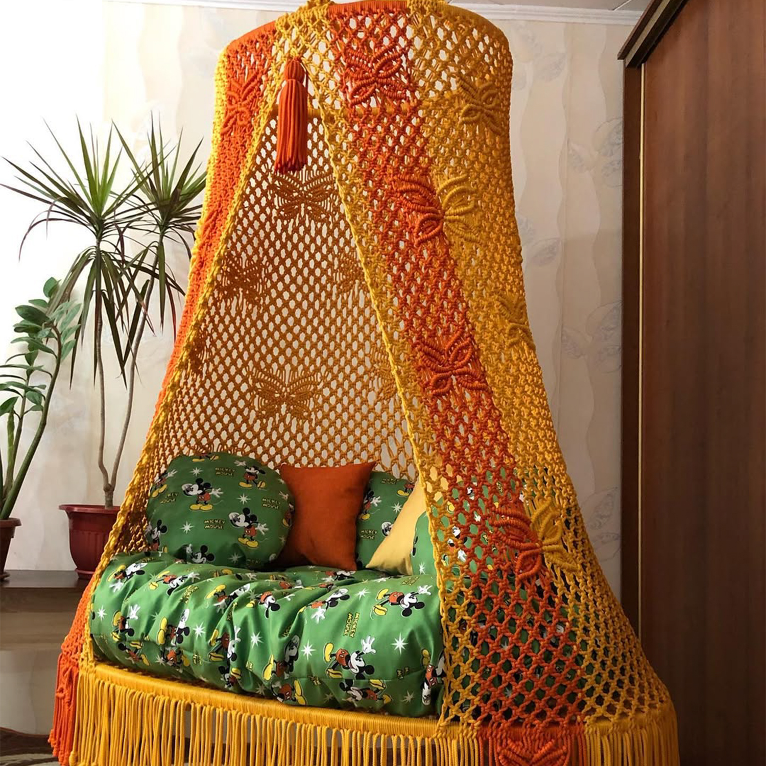 Macrame Swing Bed with Butterfly Pattern by Kaahira – Orange & Yellow