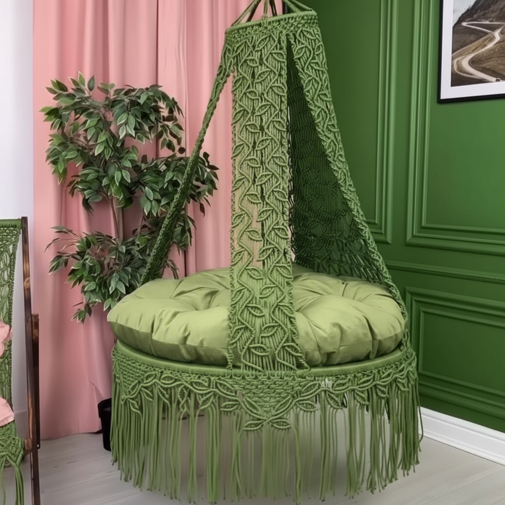 Macrame Swing Bed with Floral Pattern Mattress by Kaahira โ Olive Green