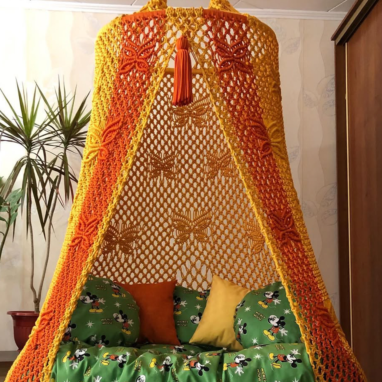 Macrame Swing Bed with Butterfly Pattern by Kaahira – Orange & Yellow