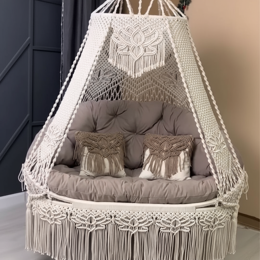 Macrame Swing Bed with Floral Pattern Mattress by Kaahira โ Off White