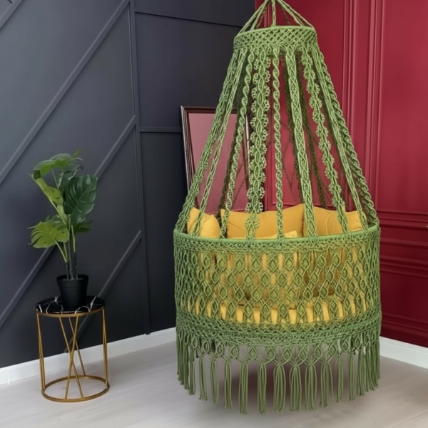 Macrame Swing Jhula for Home & Balcony by Kaahira – Olive Green with Mustard Cushions