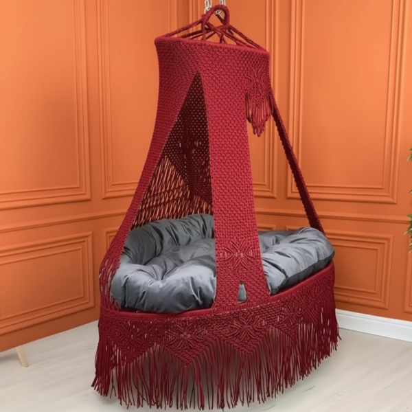Macrame Swing Bed with Diamond Wave Pattern Mattress by Kaahira – Maroon