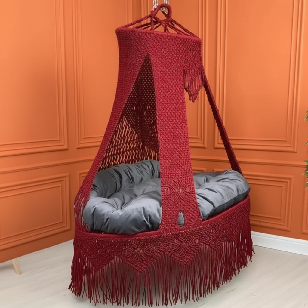Macrame Swing Bed with Diamond Wave Pattern Mattress by Kaahira โ Maroon