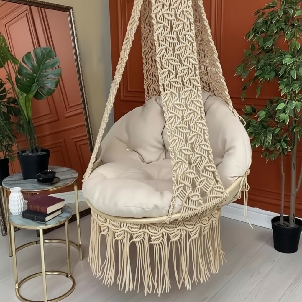 Macrame Canopy Swing Chair with Diamond Wave Pattern by Kaahira – Beige