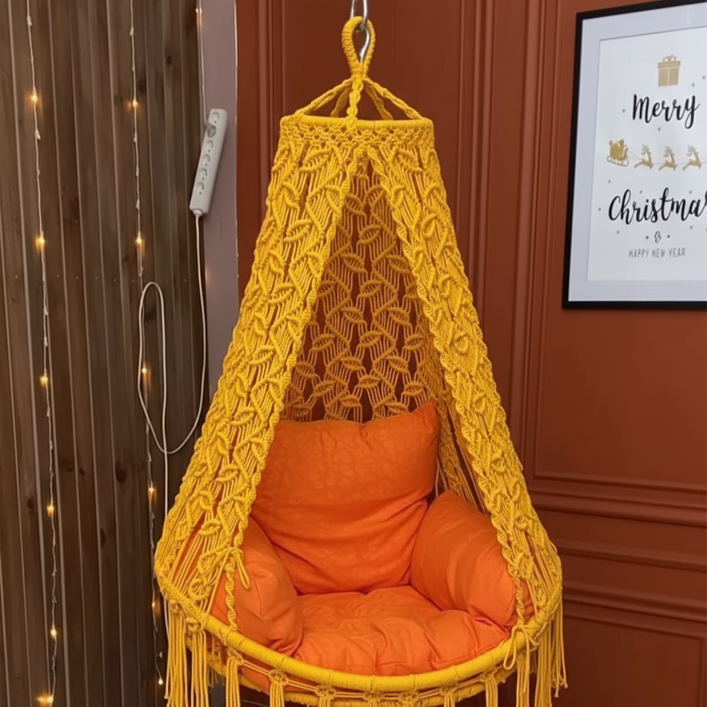 Macrame Canopy Swing Chair with Diamond Wave Pattern by Kaahira – Mustard Yellow