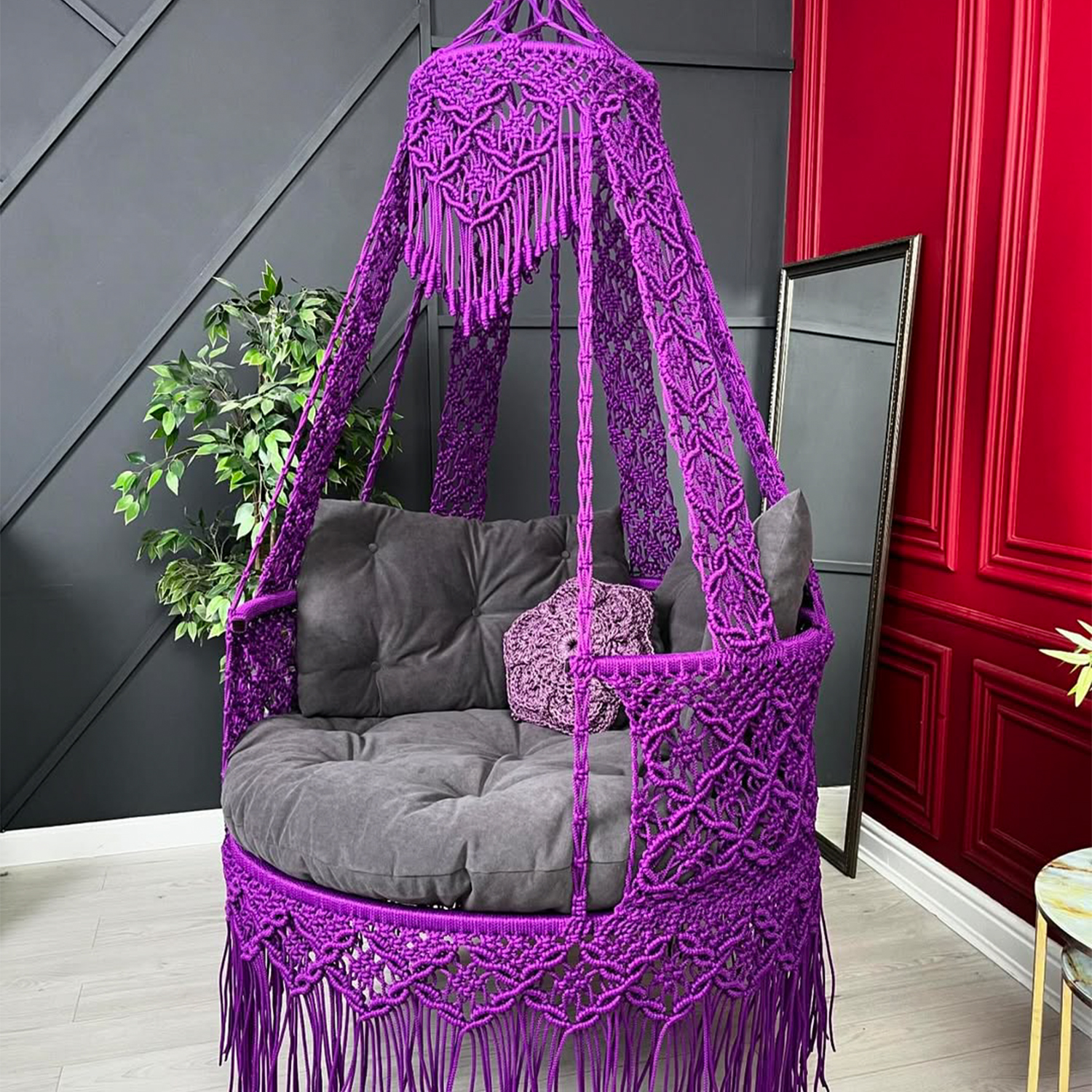 Handcrafted Macrame Canopy Swing Chair โ Royal Purple