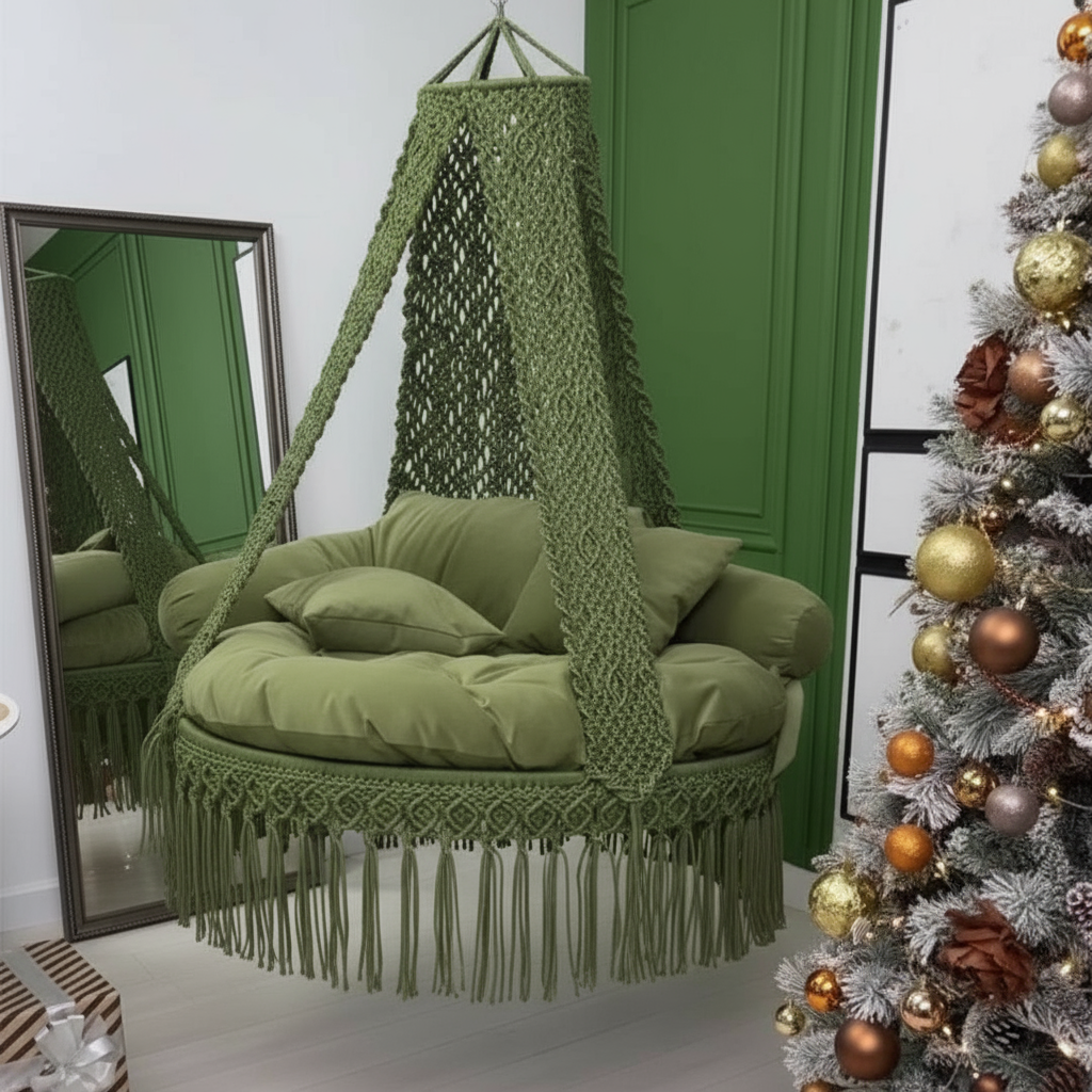 Macrame Swing Bed with Floral Pattern Mattress by Kaahira โ Olive Green