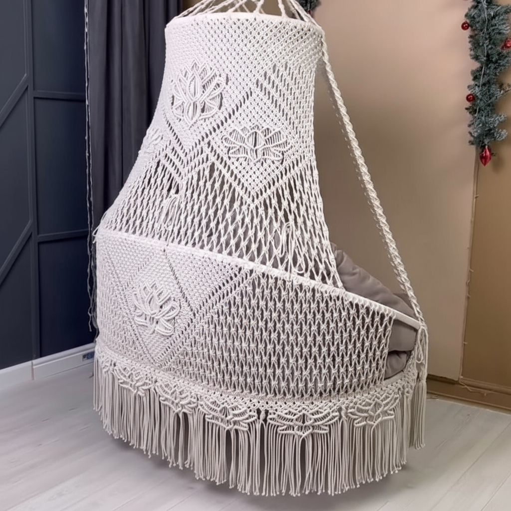 Macrame Swing Bed with Floral Pattern Mattress by Kaahira โ Off White