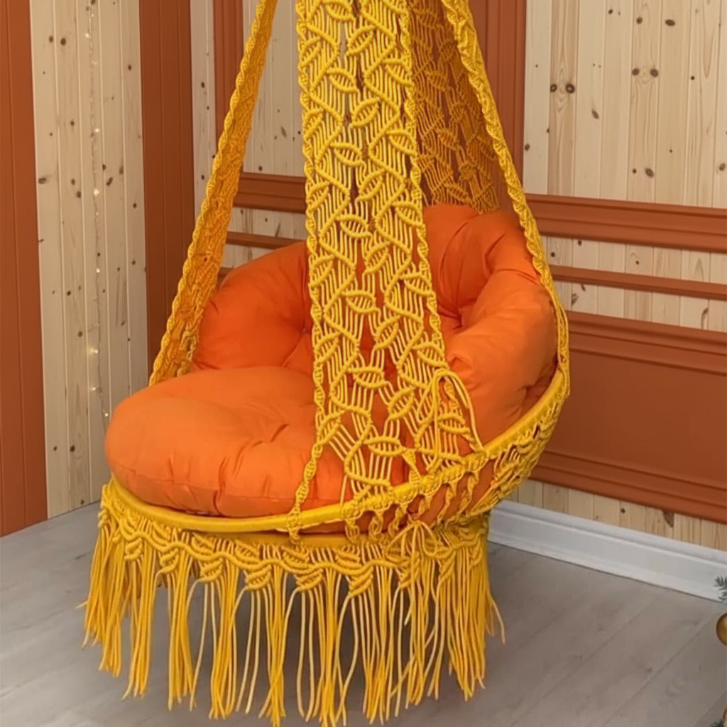 Macrame Canopy Swing Chair with Diamond Wave Pattern by Kaahira – Mustard Yellow