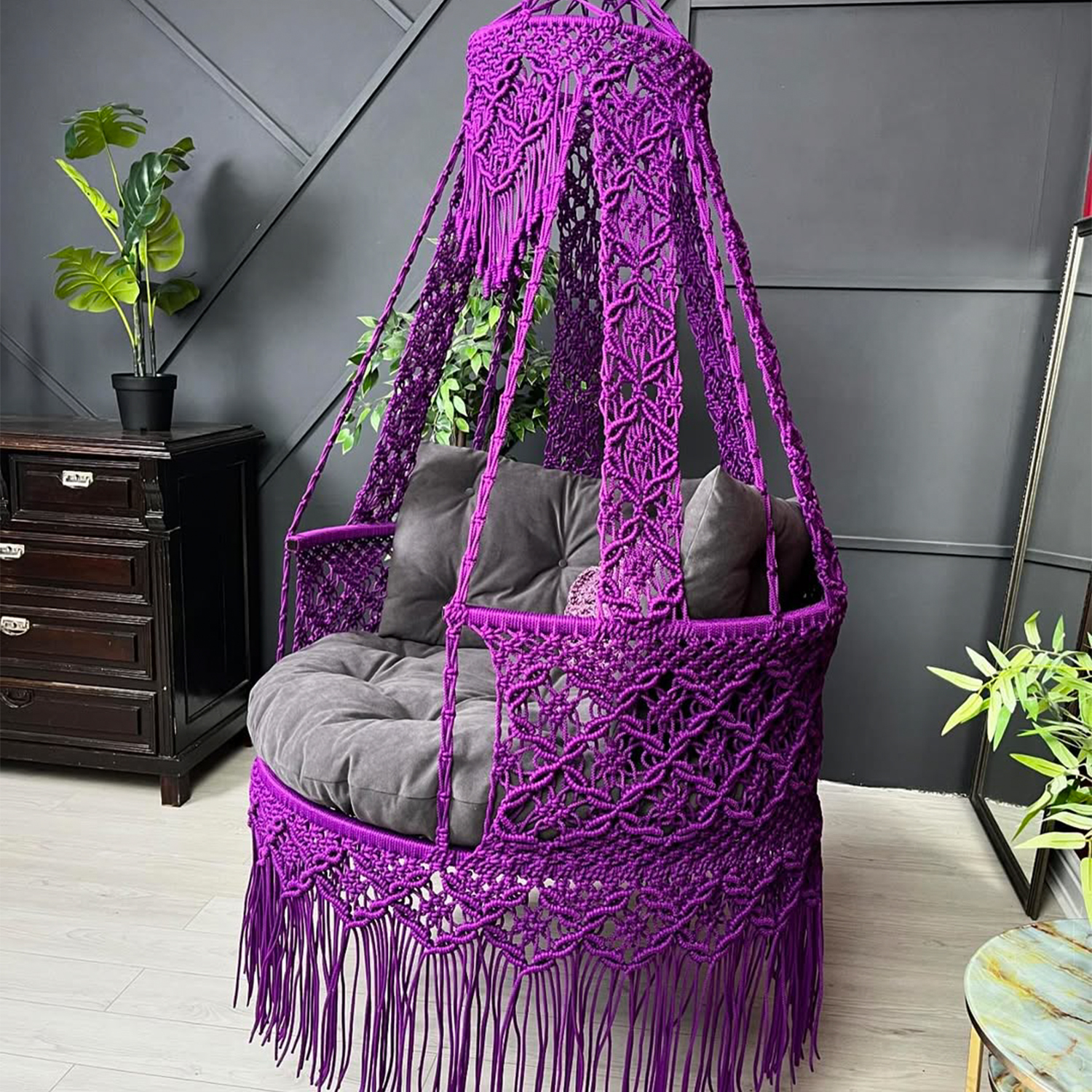 Handcrafted Macrame Canopy Swing Chair โ Royal Purple
