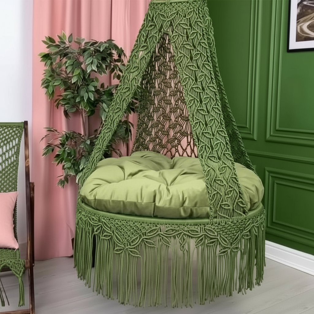 Macrame Swing Bed with Floral Pattern Mattress by Kaahira โ Olive Green