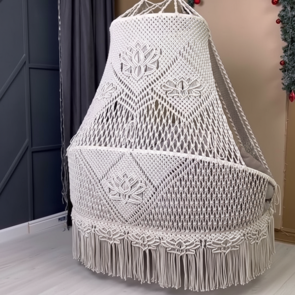 Macrame Swing Bed with Floral Pattern Mattress by Kaahira – Off White