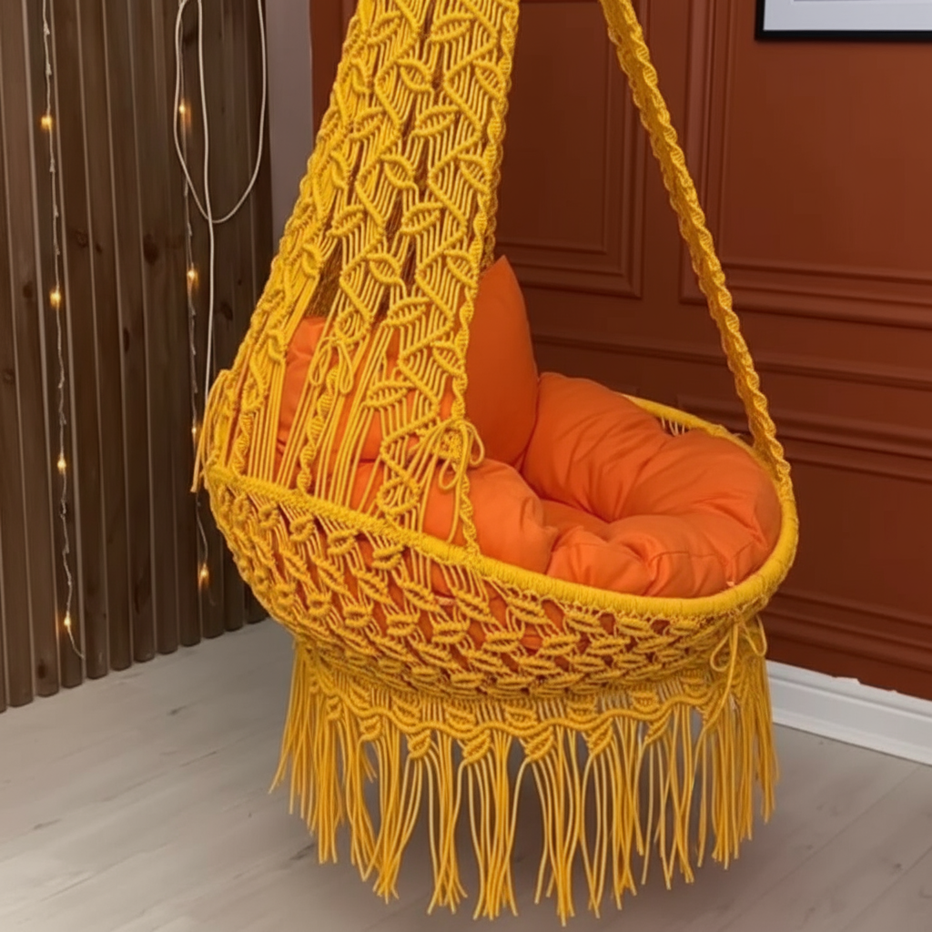 Macrame Canopy Swing Chair with Diamond Wave Pattern by Kaahira – Mustard Yellow
