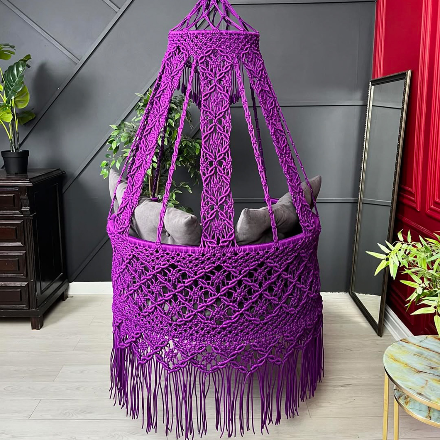 Handcrafted Macrame Canopy Swing Chair โ Royal Purple