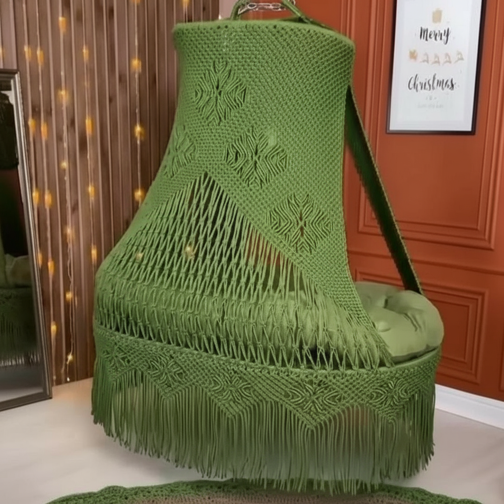 Macrame Swing Bed with Floral Pattern Mattress by Kaahira โ Olive Green