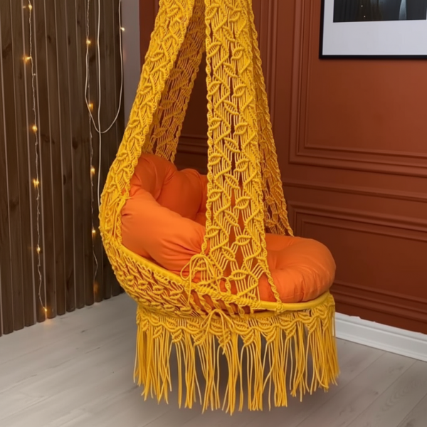 Macrame Canopy Swing Chair with Diamond Wave Pattern by Kaahira – Mustard Yellow