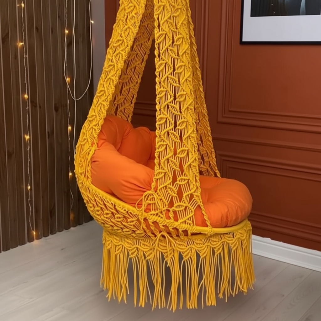 Macrame Canopy Swing Chair with Diamond Wave Pattern by Kaahira – Mustard Yellow