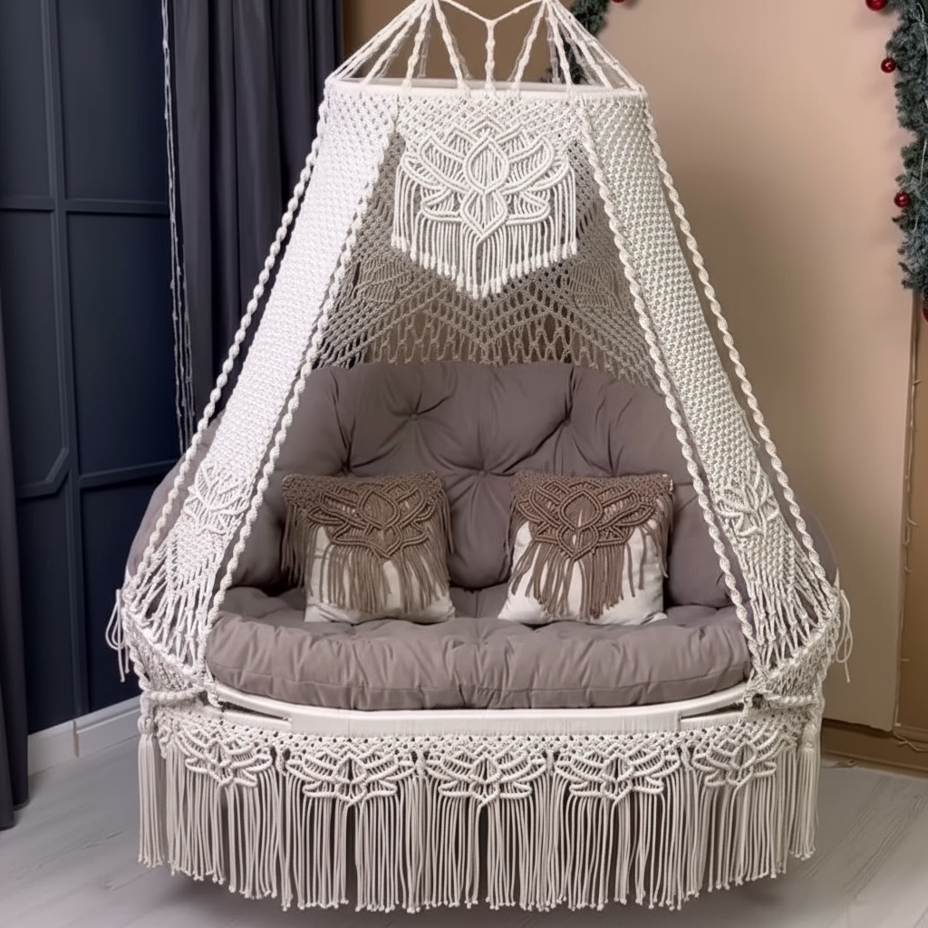 Macrame Swing Bed with Floral Pattern Mattress by Kaahira โ Off White