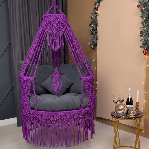 Handcrafted Macrame Canopy Swing Chair – Royal Purple