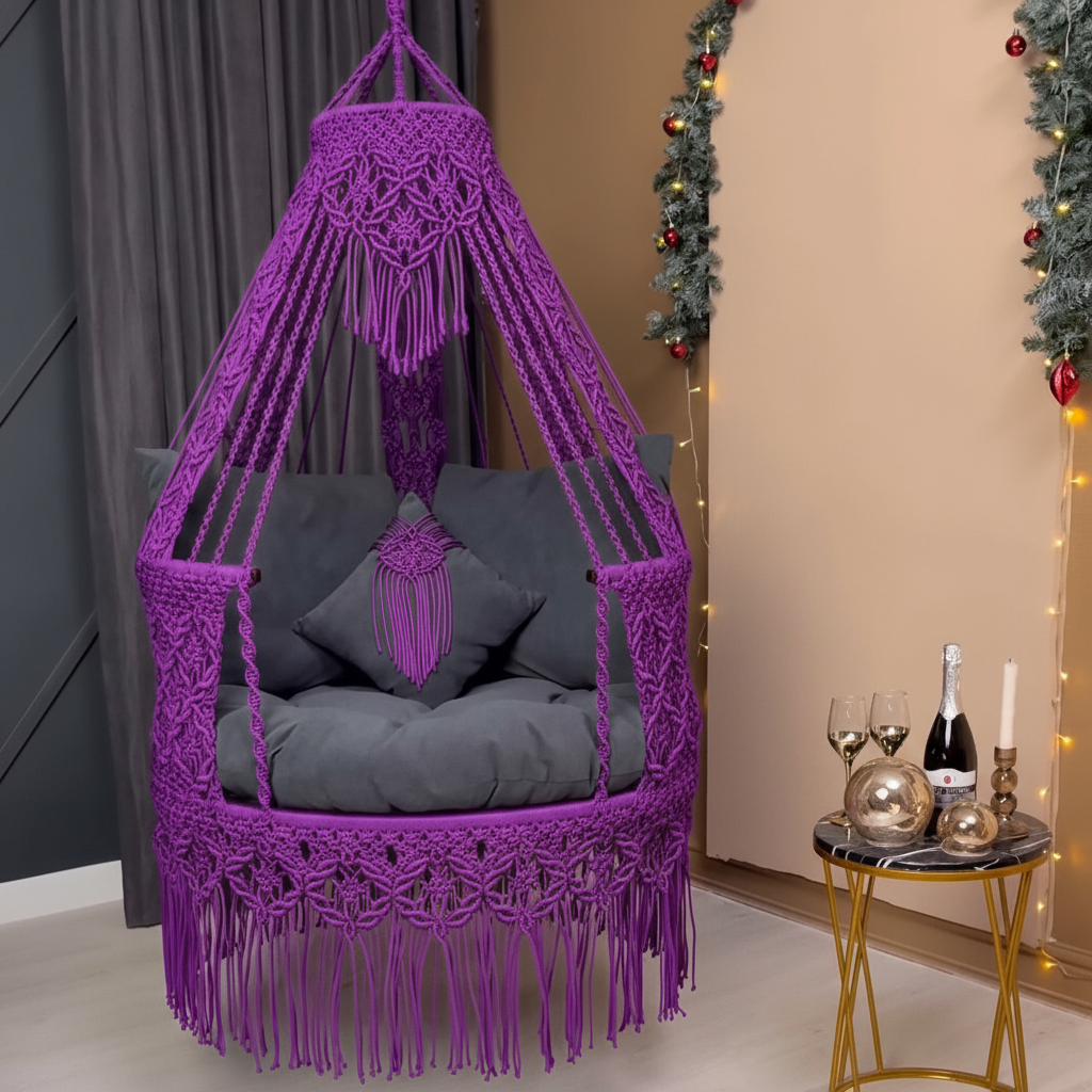 Handcrafted Macrame Canopy Swing Chair โ Royal Purple